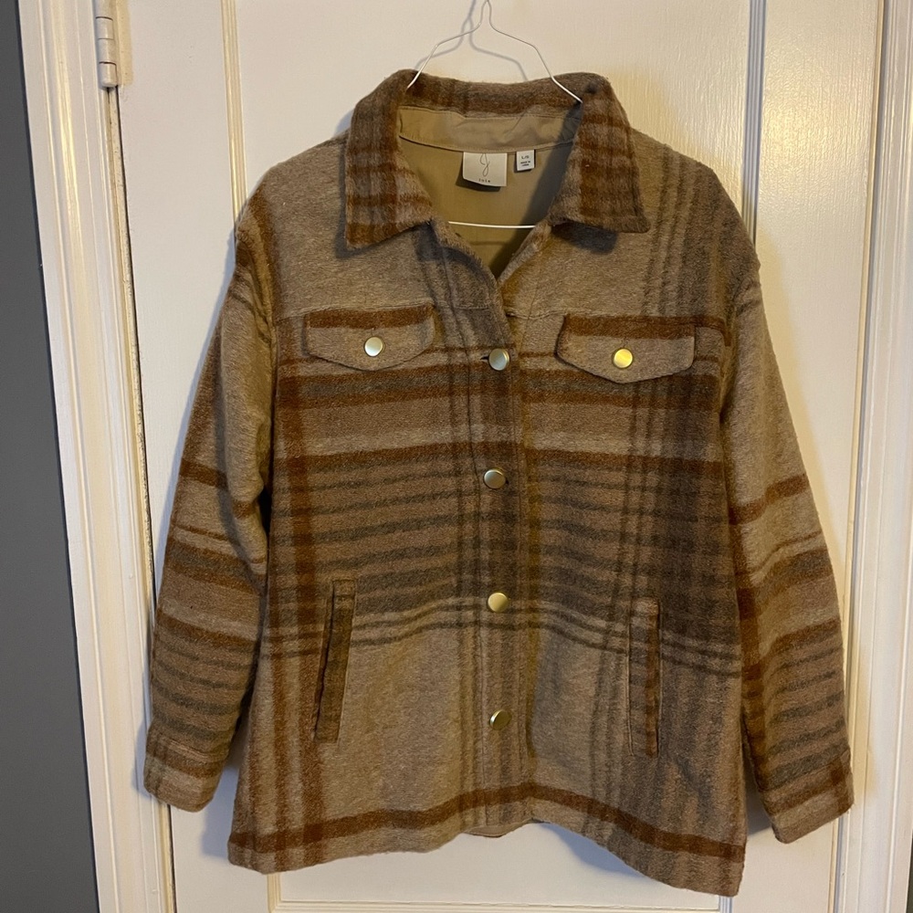 Joie Women’s Tan Brown Plaid Flannel Button Up Long Cozy Shacket Size Large